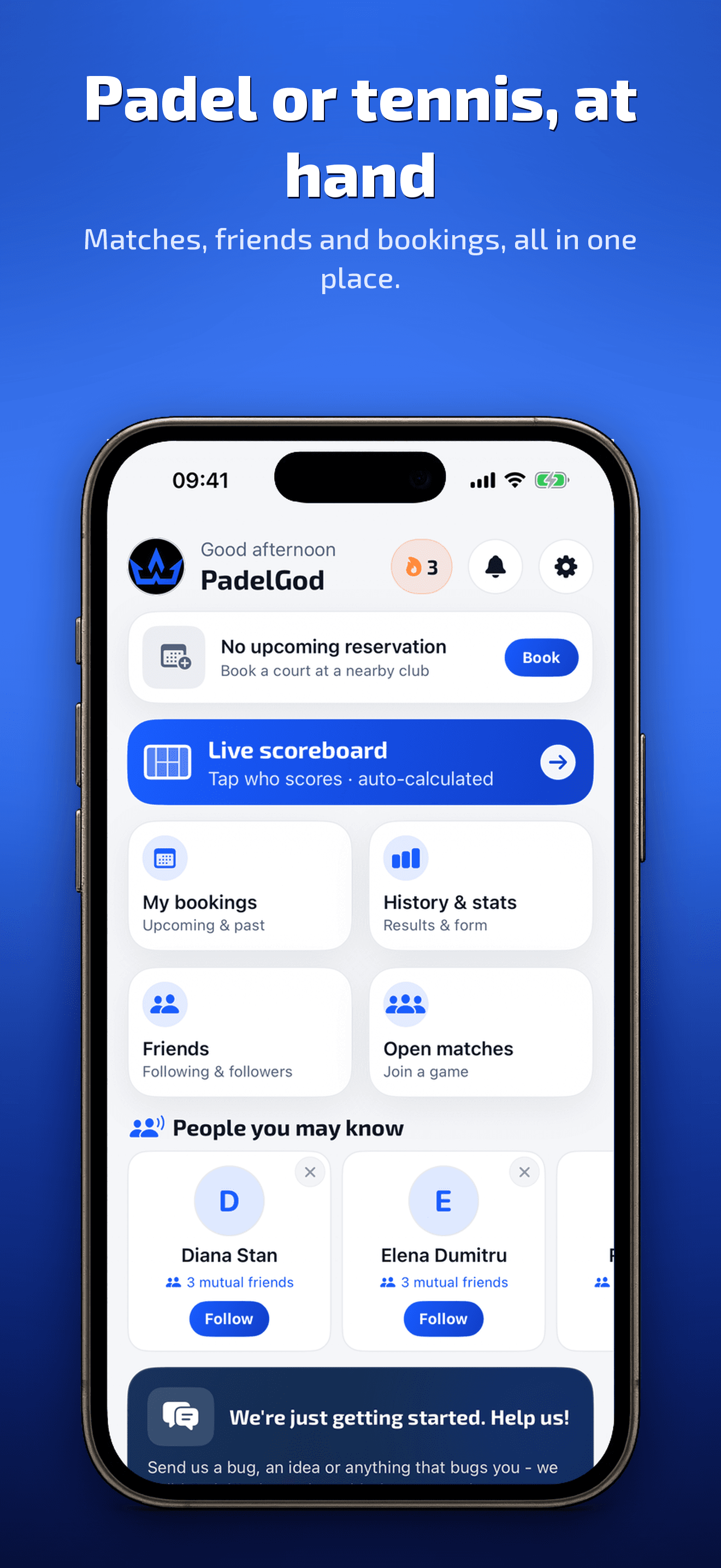 The Home screen in the PadelGod app